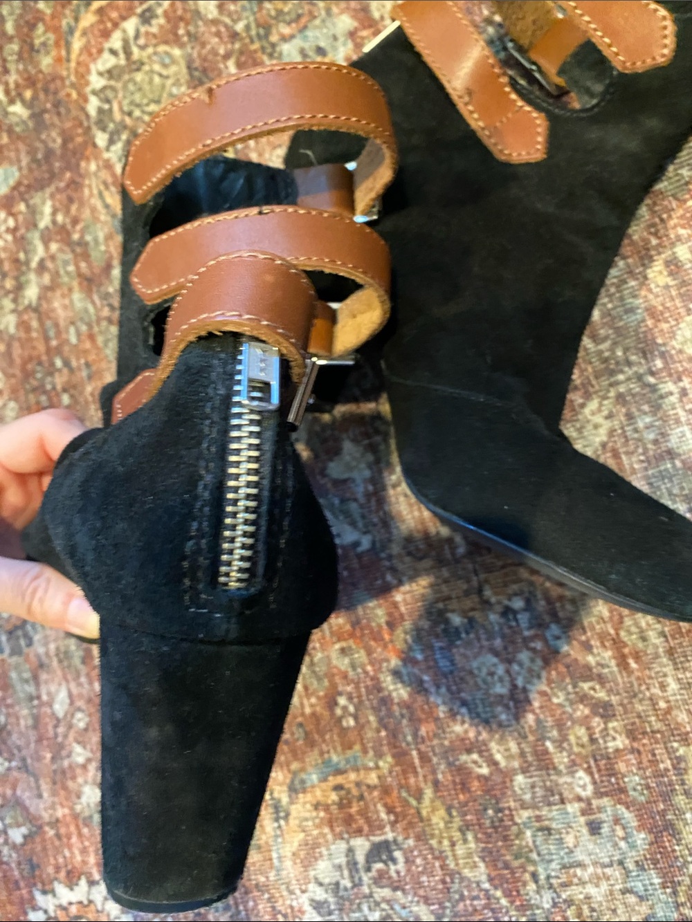 Anthropologie/Pied Juste Black Suede Ankle Boots with Tan Buckle Straps. Size 9 - Picture 4 of 11